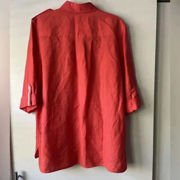 Lafayette 148 New York Womens 10Linen Rayon Blend Button Down‎ Shirt Red Orange - Picture 5 of 6